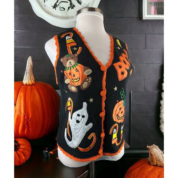 Vintage Basic Editions Halloween Vest Knit Sweater Bear Ghost & Pumpkin Medium - Picture 9 of 9